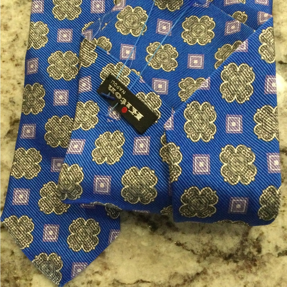 Kiton Blue Silk Tie with Gold Floral Medallions